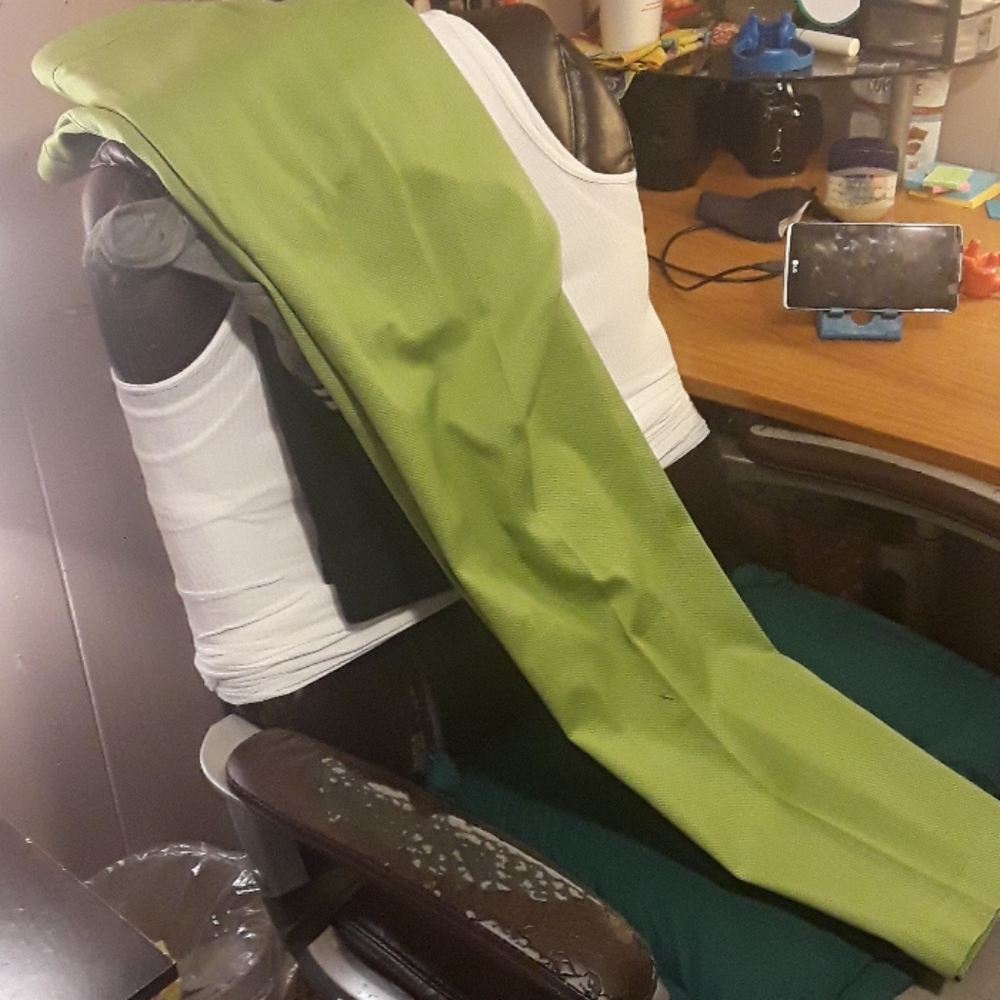 Green trousers.